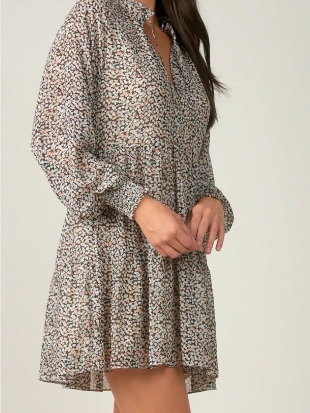 M β’ Elan ditzy Floral Smock Mini Dress in Neutral Tones long sleeve